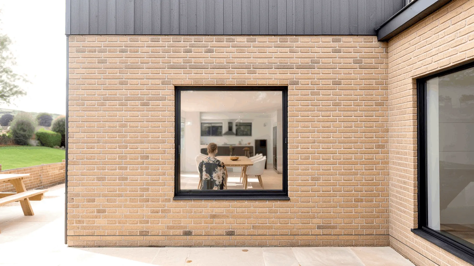 House extension facade in Blackburn with large picture window looking into open plan kitchen